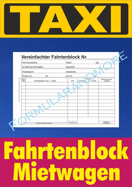 TAXI-Quittung, Block á 100 Blatt A6, Inkl. Firmeneindruck,Taxi