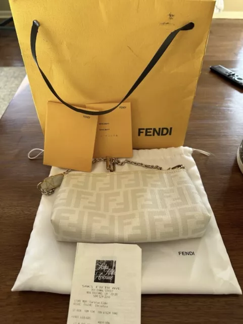 Fendi Zucca Spalmati Chain Pochette Bag - White - AUTH with Receipt - Rare
