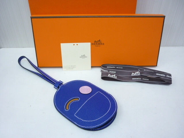 New HERMES In the Loop Phone to Go Wink Blue Keyring Bag Charm Leather Blue Sm