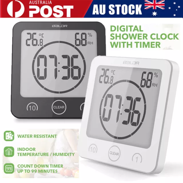 LCD Waterproof Timer Shower Clock Wall Mounted Bathroom Temperature Humidity AU