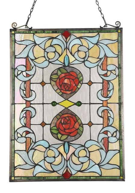 24" Red rose garden duo tiffany style stained glass hanging window panel