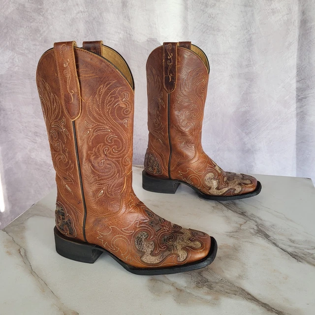 JB DILLON MENS 6.5 D Cowboy Boots Tan Brown Leather Inlay Square Toe £ ...
