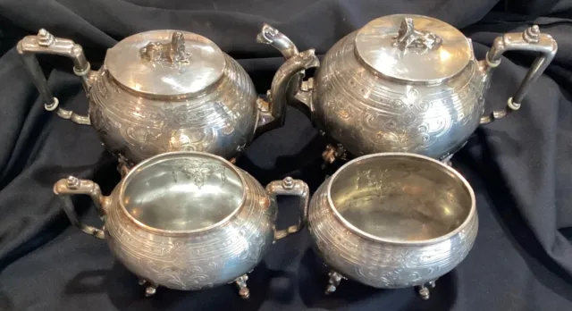Antique Egyptian Revival Victorian 4 Piece Silver Plated Tea Set Figural Sphinx