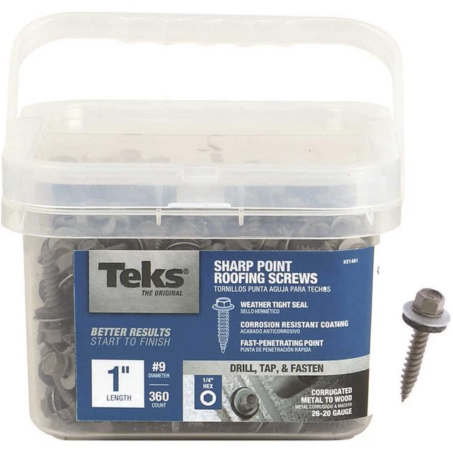Roofing Screw, #9 Thread, Hex Drive, Self-Tapping, Sharp Point, Steel, Metallic