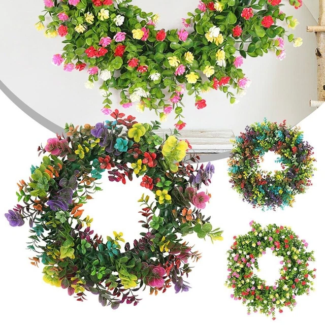 Couronne de printemps d'extérieur - Guirlande de fleurs sauvages artificielles multicolores - Décoration de porte d'entrée pour Pâques et été - Couronne durable conçue pour la maison et le porche