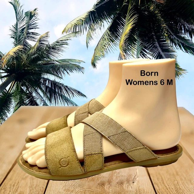 Born Womens Brown Suede and Leather Elastic Crisscross Slide Sandal Size 6M