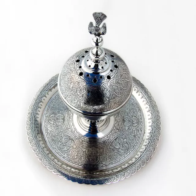 Ornate Islamic Incense Burner Stand Bird Finial Egyptian 900 Silver 1950s 2