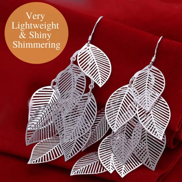 925 Sterling Silver Plated Lightweight Shiny Detailed Leaf Dangle Drop Earrings