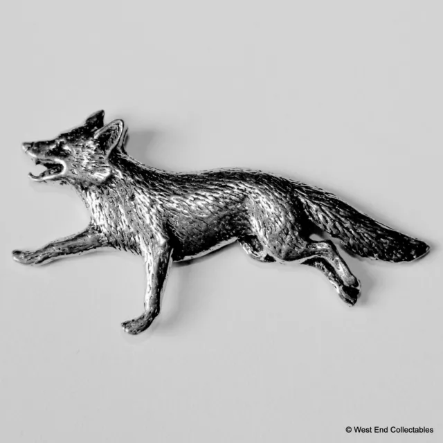 Running Fox Pewter Brooch Pin -British Artisan Signed- Hunting Fox Gift Present