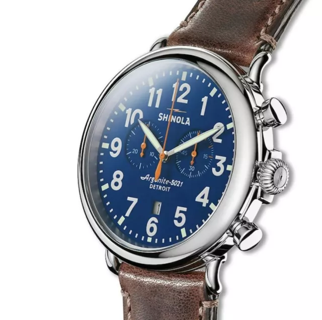 Shinola The Runwell Chronograph 47mm Leather Band S0110000047 Blue Dial & Date
