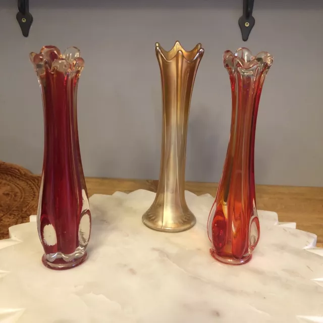 Vintage Marigold Iridescent 9" Swung Vase. Red Swung Vase 1 Red Has Chip See Pic