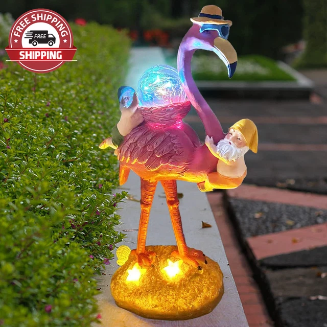 12.6 Inch Large Funny Garden Gnomes on Flamingo Statue with Solar Lights, Naught