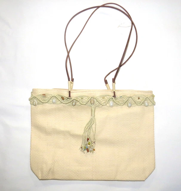 Sac à Main Femme En Raphia Tressé Main - Écru/Fauve - Bandoulière 150 Cm - 30 Cm - Neuf Avec Étiquettes