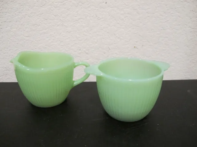 Fire King Oven Ware Green Jadeite Jane Ray Creamer & Sugar Bowl