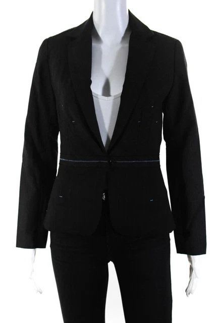 Tom K Nguyen Womens Hook Front Notched Lapel Pinstriped Blazer Jacket Black 2