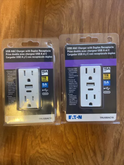 Lot Of 2 Eaton USB-A/C charger with duplex receptacle TRUSBAC15