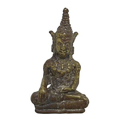 Khmer Buddha Amulet Crowned Seated Bronze Statue Lucky Talisman #6