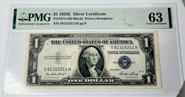1935E 1$ Silver Certificate - PMG 63 | Fr#1614 | SH Block | Priest Humphrey