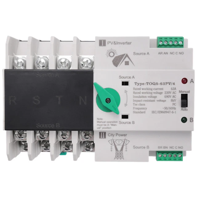 ATS Guida DIN 4P Trifase 100A - Selettore Trasferimento Automatico Per Fotovoltaico E Inverter