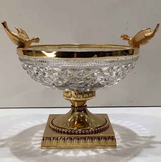 19th Century French Empire Gold Gilt Crystal Bowl On Bronze Pedestal with Birds