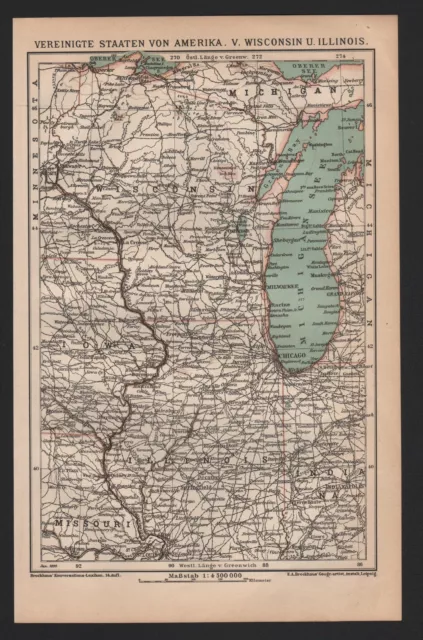 Landkarte map 1899: VEREINIGTE STAATEN VON AMERIKA: WISCONSIN, ILLINOIS - U.S.A.