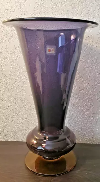 Blenko Art Glass Purple Amethyst Hand Blown Vase 13.5” Tall w/Amber Base Sticker