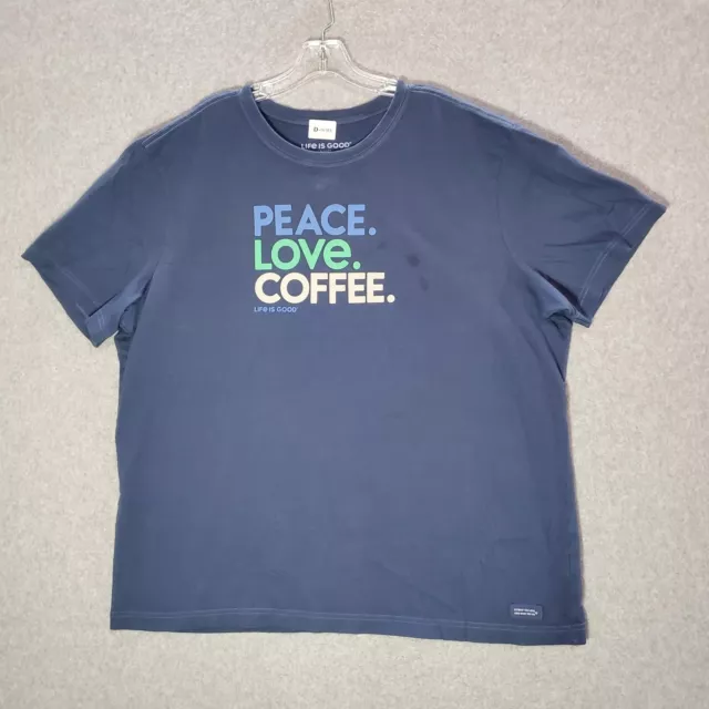 Life Is Good Men Shirt XL Blue Peace Love Coffee Graphic Short Sleeve Tee READ