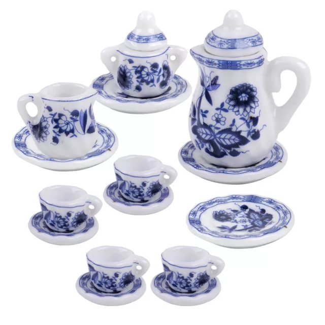 1/12th Dolls House Miniature Dining Ware Chinese Ceramic Tea Set Blue Flower jd
