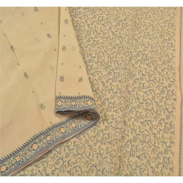 Sanskriti Vintage Ivory Sarees Pure Cotton Hand-Woven Indian Tant Sari Fabric