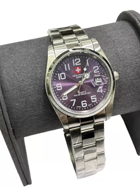 New Swiss Army Mens Wrist Watch Silver Purple Analog Quartz 33mm. Brand New