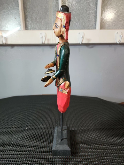 Vintage Wooden Hand Carved Painted Asian Burmese Musician Metal Stand Thailand 2