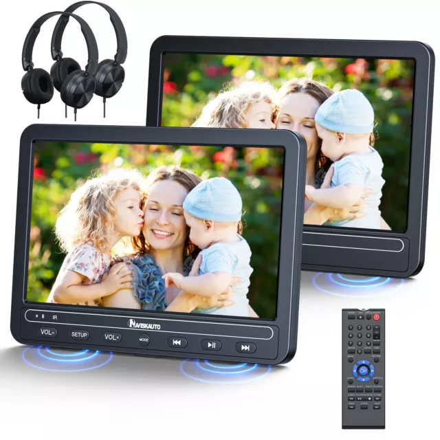 2x10,5" Full HD Auto Kopfstütze Monitor DVD Player Für Kinder USB AKKU+Kopfhörer