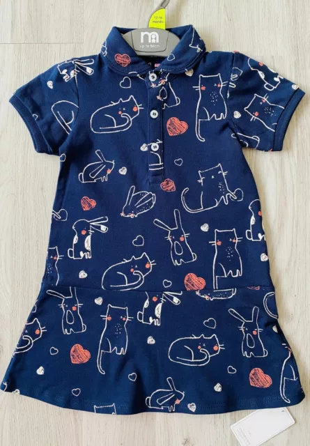BNWT Mothercare Baby Girls Navy Cute Cat Bunny Summer Cotton T-Shirt Polo Dress