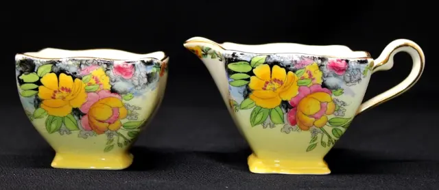 Vintage ROYAL WINTON Grimwades Floral Yellow Porcelain Sugar & Creamer Set, VGUC