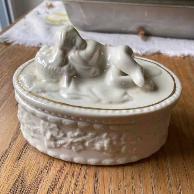 Belleek Lidded Trinket Box in White Porcelain, Sleeping Baby Cherub, Gold Ring