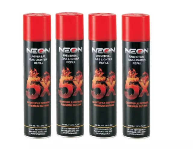 4 Can Neon 5X Refined Butane Lighter Gas Fuel Refill 300 mL 10.14 oZ Cartridge