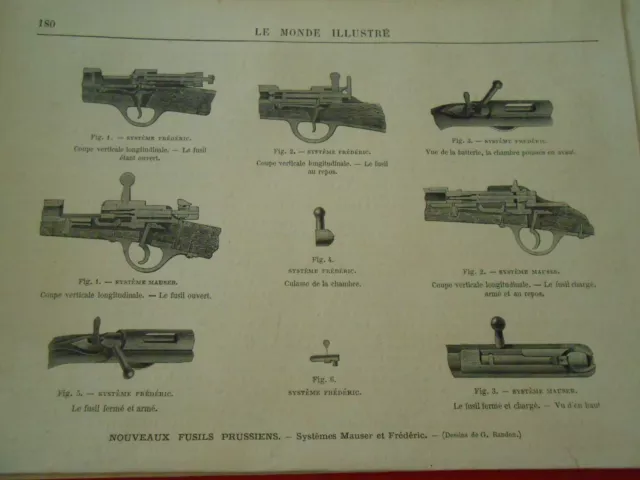 Gravure 1873 - Nouveaux Fusils Prussiens Systèmes Mauser et Frédéric
