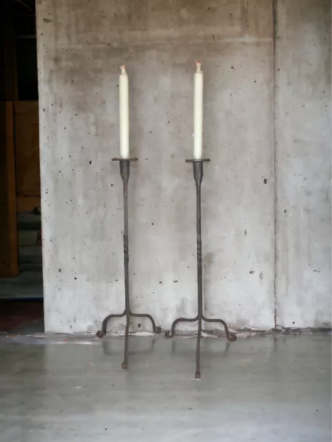 PAIR 21" Tall Antique Hand Forged Rustic Primitive Wrought Iron Candle Holders
