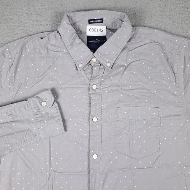 American Eagle Shirt Mens Large Gray Polka Dot Casual Button Up Long Sleeve