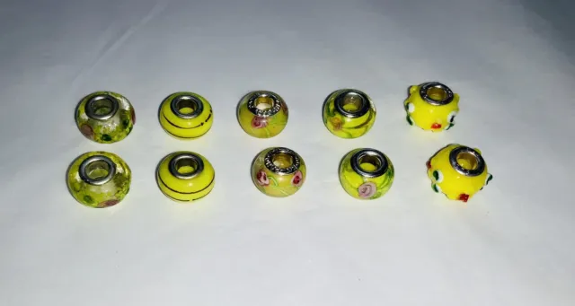 10 Mixed YELLOW Hand Made GLASS European Large Hole BEADS Jewellery Making BB