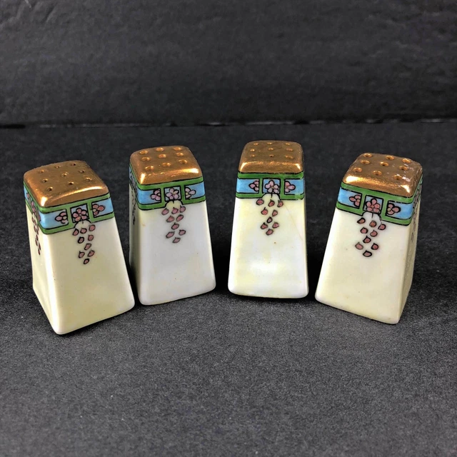Vintage 4 Art Deco Gold Hand Painted Floral Ceramic Mini Salt & Pepper Shakers