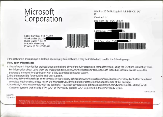 Microsoft Windows 10 PRO 64-bit Vollversion DVD Englisch FQC-08929 OHNE LIZENZ!