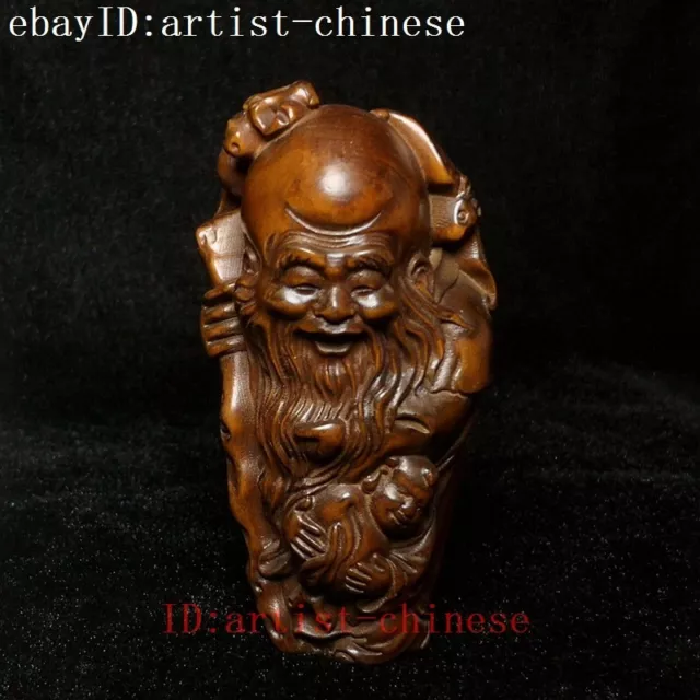 H 3.4 inch Chinese boxwood hand carved god of longevity Buddha Statue decoration