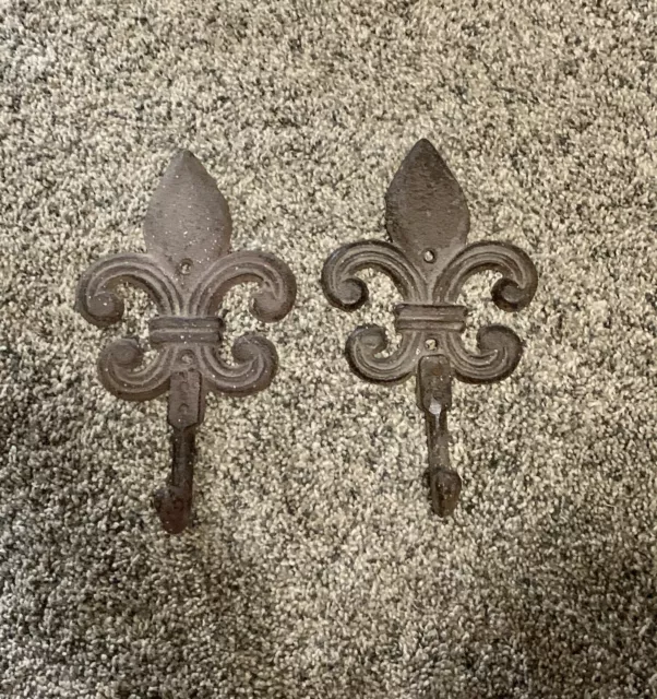 2 Antique Fleur De Lis Design metal  hooks