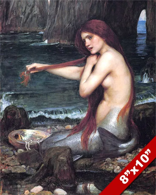 Young Mermaid Combing Brushing Her Hair On Shore Painting Art Real Canvas Print