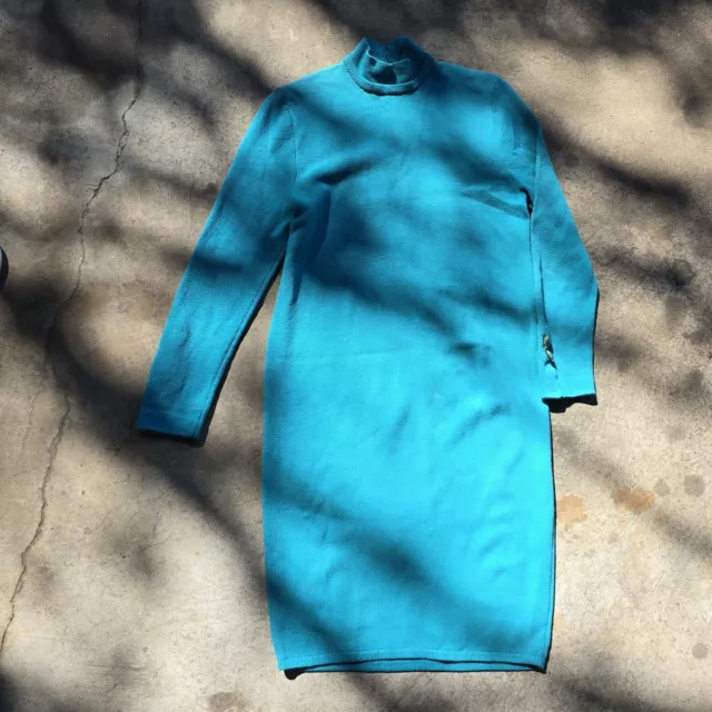 ST. JOHN Vintage Teal Blue Santana Knit Mock Turtle Neck Dress Sz 10