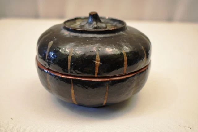 Vintage Burmese Lacquerware Pumpkin Box Black Hand Painted Myanmar Storage Rar"2 3