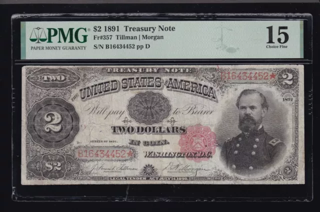 US 1891 $2 Treasury Note Plain Back FR 357 PMG 15 Ch Fine (452)