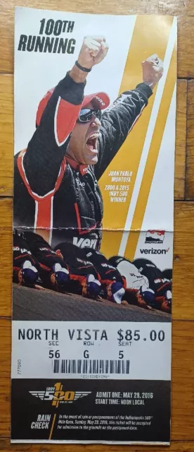 2016 Indianapolis Indy 500 Ticket Stub Alexander Rossi Juan Pablo Montoya Crease