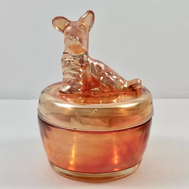 Jeannette Glass Carnival Marigold Scottish Terrier Scottie Dog Powder Jar